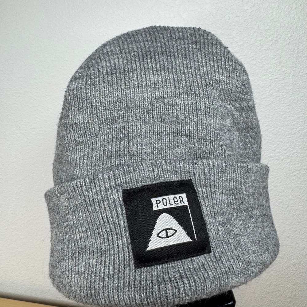 Poler Stuff Workerman Beanie Heather Gray Cuffed Knit Hat Mountain Logo Patch